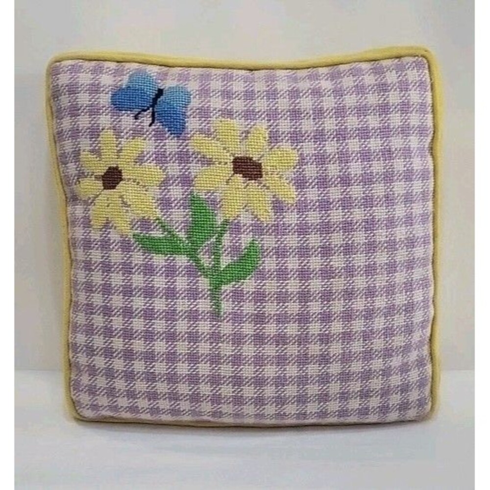 VTG Handmade Needlepoint Flower Pillow 13x13 Purple Gingham Daisy Cottagecore